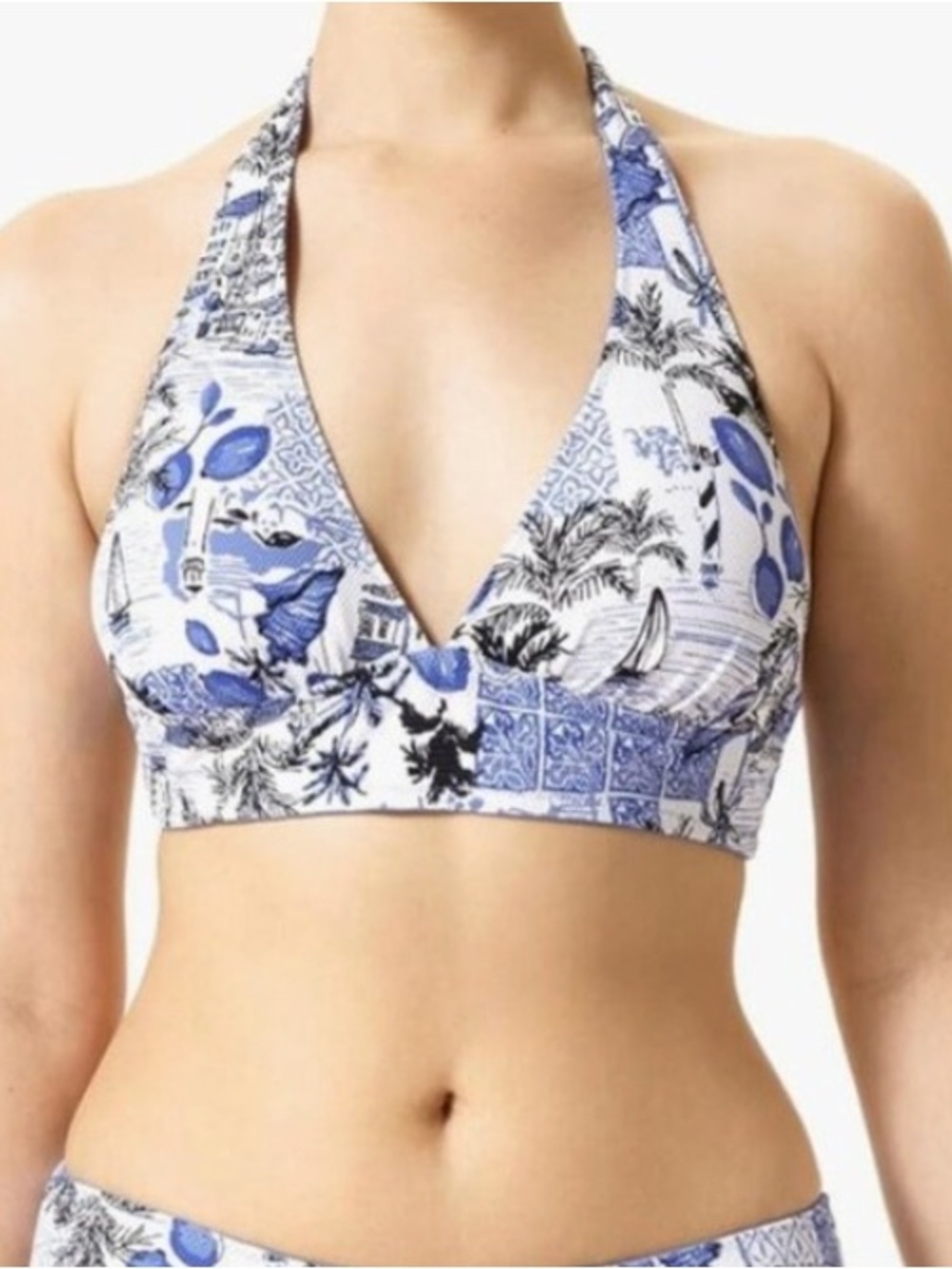 Bundle 2/$30! NEW HUE Reversible Blue & White Tropical Halter Bikini Top Size M